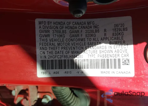 2020 Honda Civic Sport from USA, damaged, VIN 2HGFC2F86LH564280